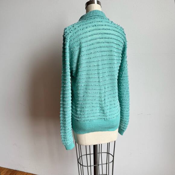 60s Vintage Mid Century Seafoam Knit Collared Cardigan - Picture 4 of 9